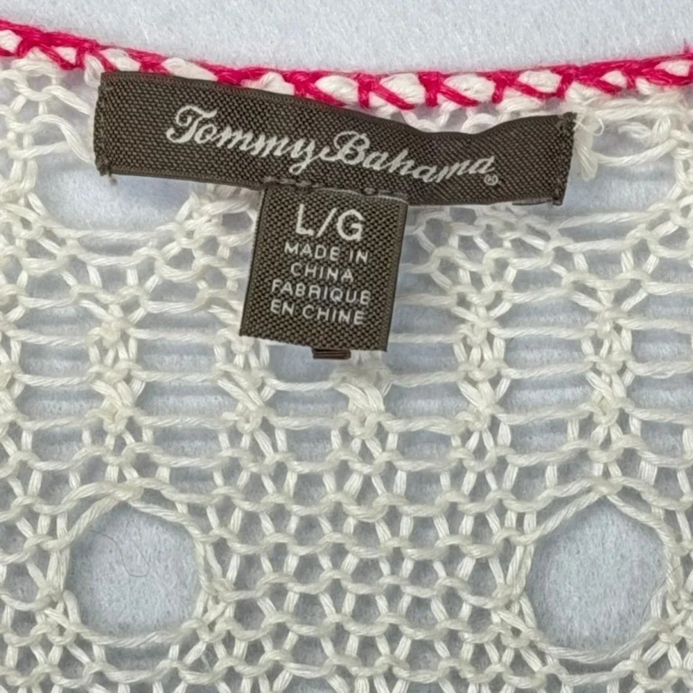 Tommy Bahama‎ Women's Crochet Knit Tunic Top L/G Beige Tan Red V-Neck